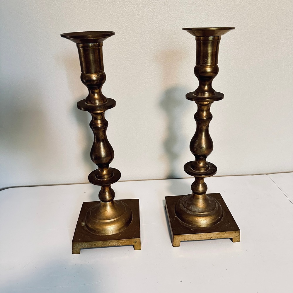 Vintage Solid Brass Candlestick Holders Pair Square Base 12.5 Inch Made in India